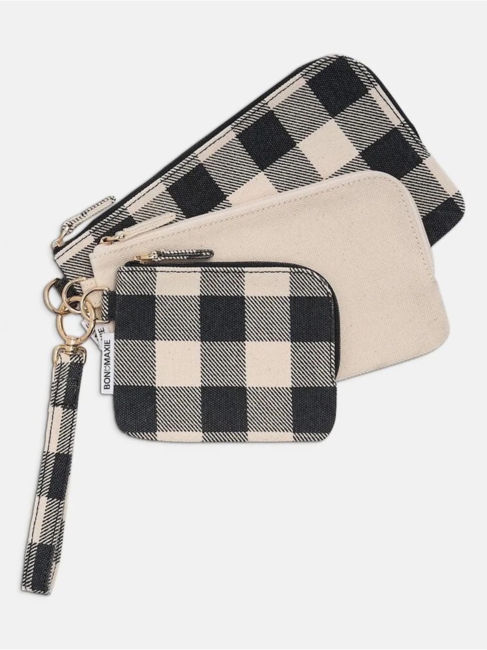 Bon Maxie Bag Buddy Black & Cream Buffalo Check Wristlet Pouch Set
